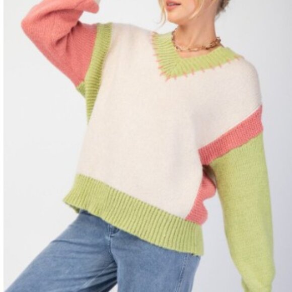 PLUS - COLOR BLOCK KNIT SWEATER PULLOVER - Picture 2 of 4